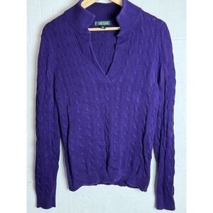 Lauren Ralph Lauren V-Neck Cable Knit Sweater Purple Cotton Size Large
